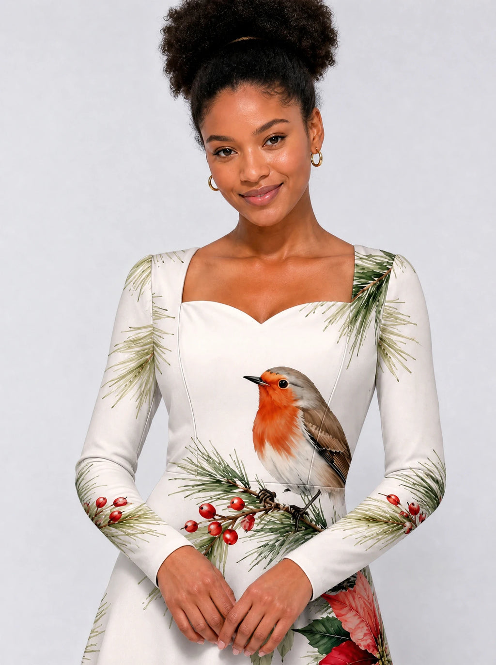 "Shomoro" Long Sleeve Sweetheart Midi Dress — print close-up on model