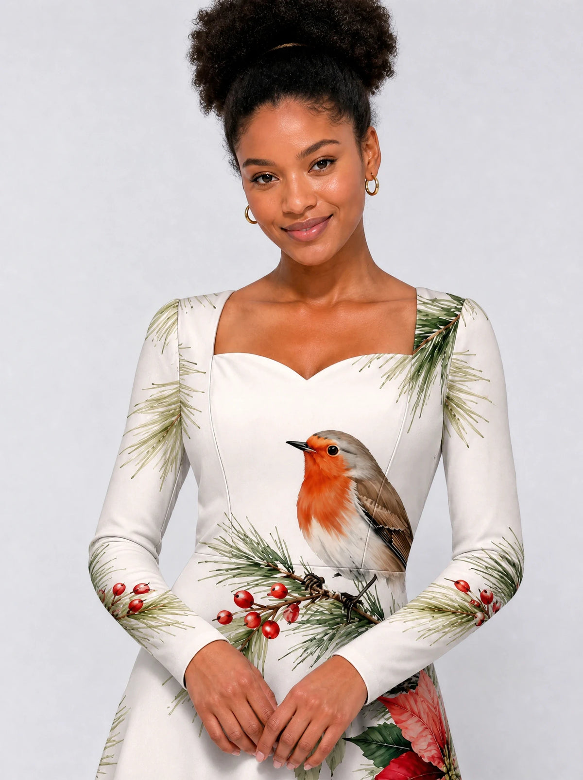 "Shomoro" Long Sleeve Sweetheart Midi Dress — print close-up on model