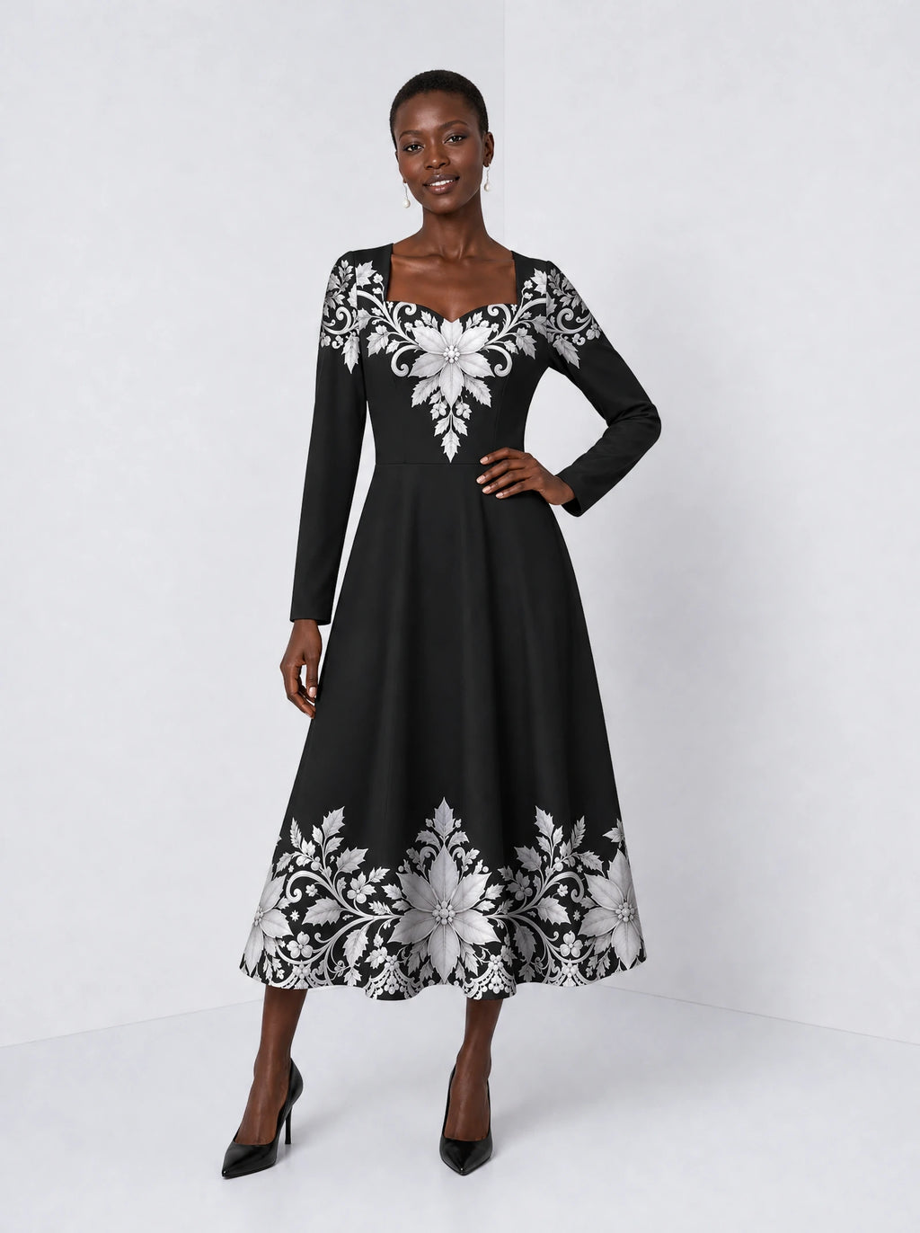 "Shwari" Long Sleeve Sweetheart Midi Dress — front view on model