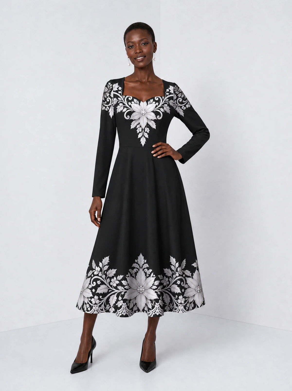 "Shwari" Long Sleeve Sweetheart Midi Dress — front view on model