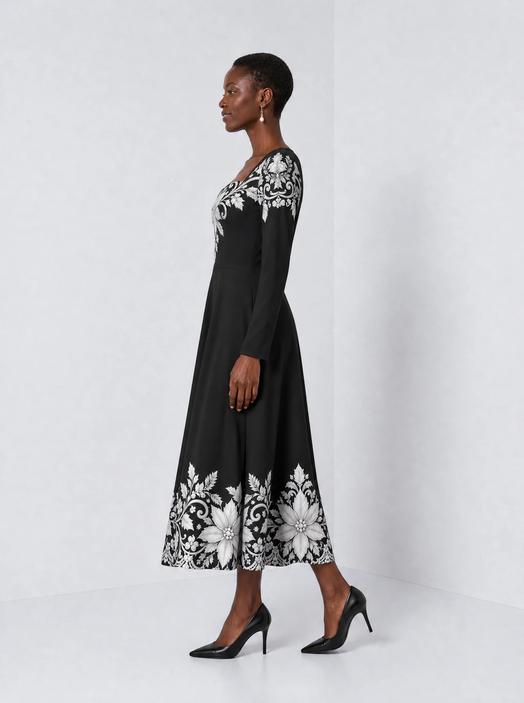 "Shwari" Long Sleeve Sweetheart Midi Dress — side view on model