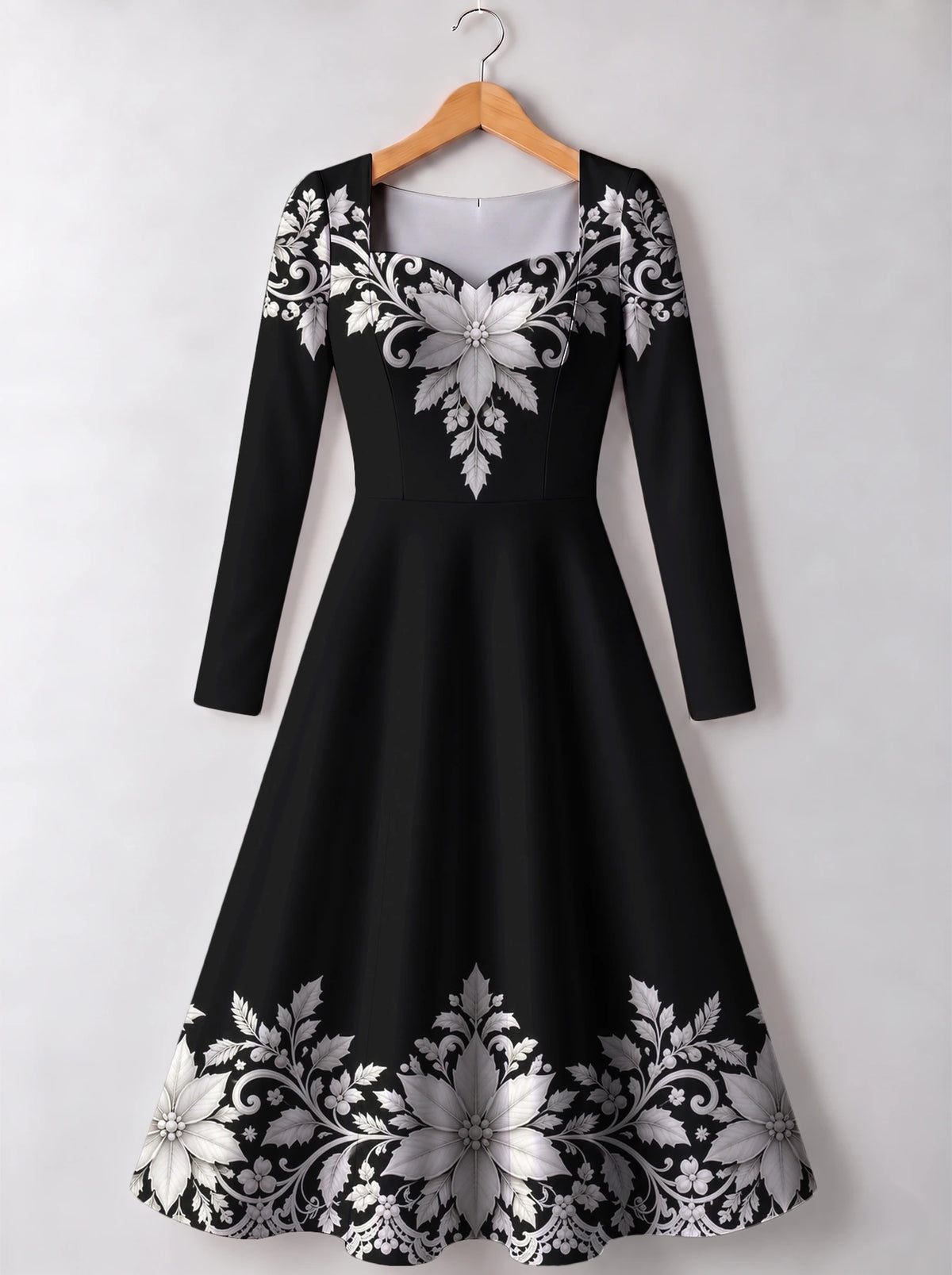 "Shwari" Long Sleeve Sweetheart Midi Dress — front view