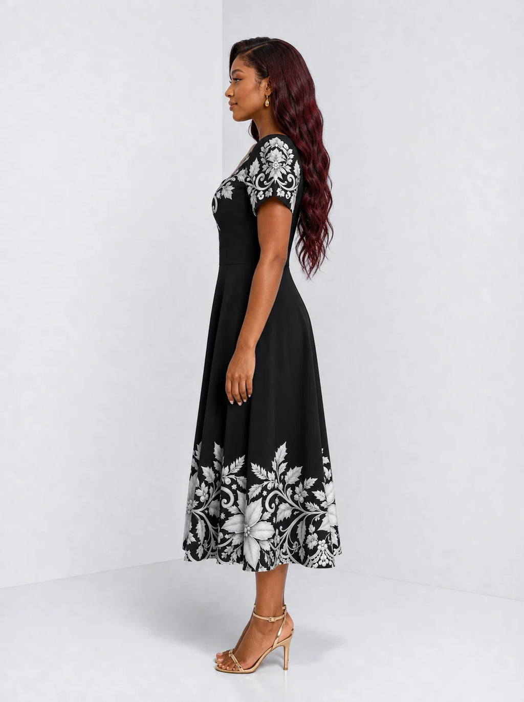 "Shwari" Sweetheart Midi Dress — side view on model