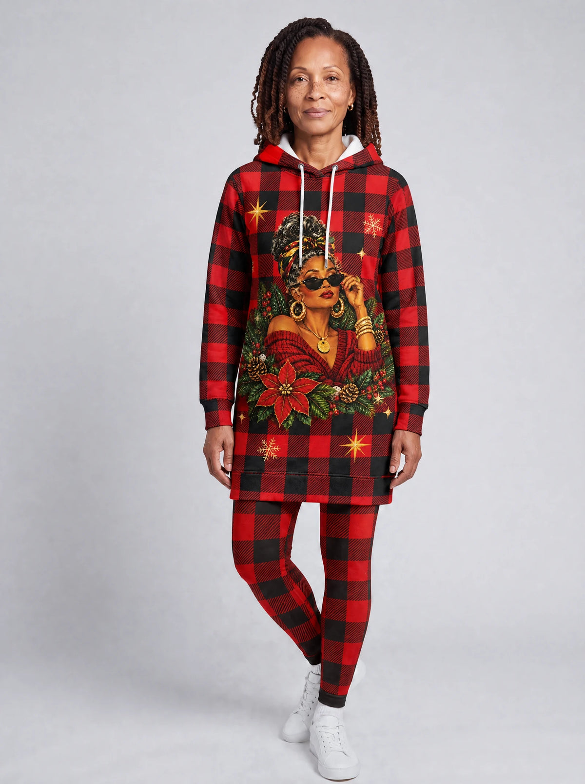 "Sikukuu" Christmas Hoodie Dress — front view on model, styled with the matching leggings
