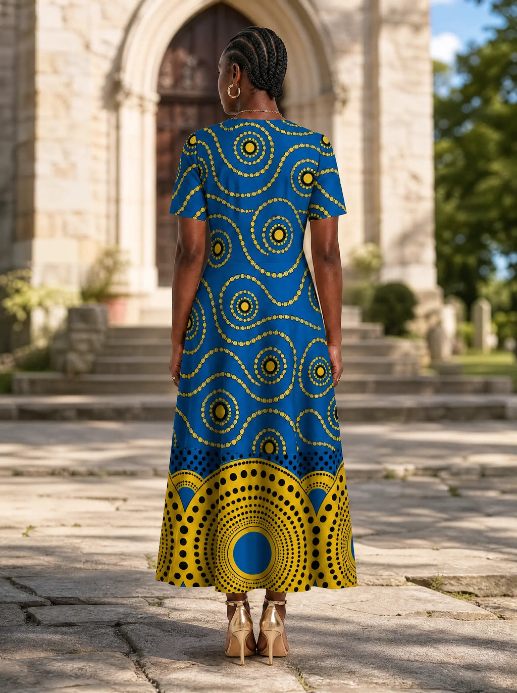 "Sitara" Short Sleeve Maxi Dress — back view on model in the churchyard