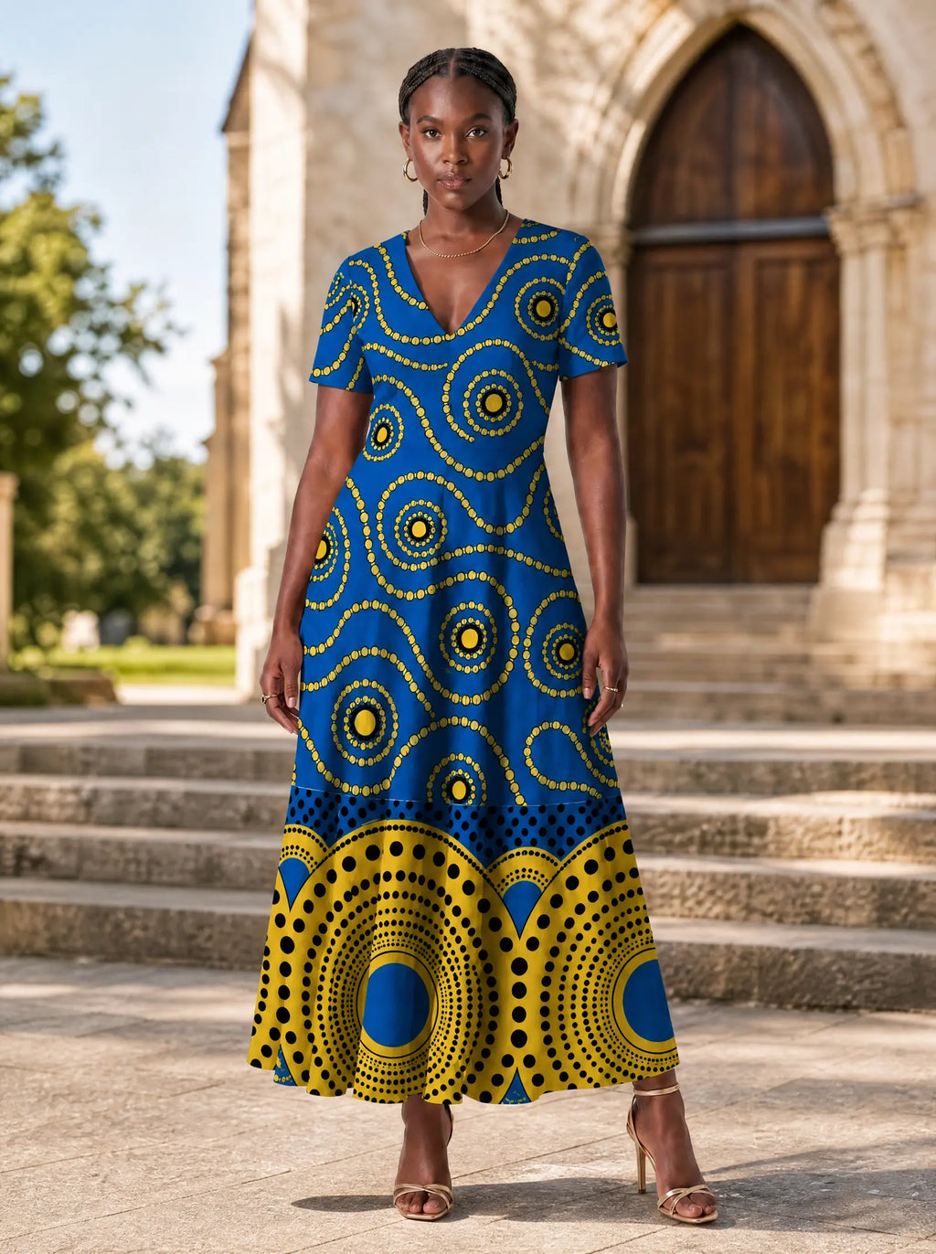 "Sitara" Short Sleeve Maxi Dress — front view on model in the churchyard
