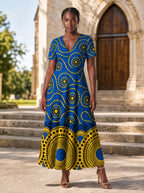"Sitara" Short Sleeve Maxi Dress — front view on model in the churchyard