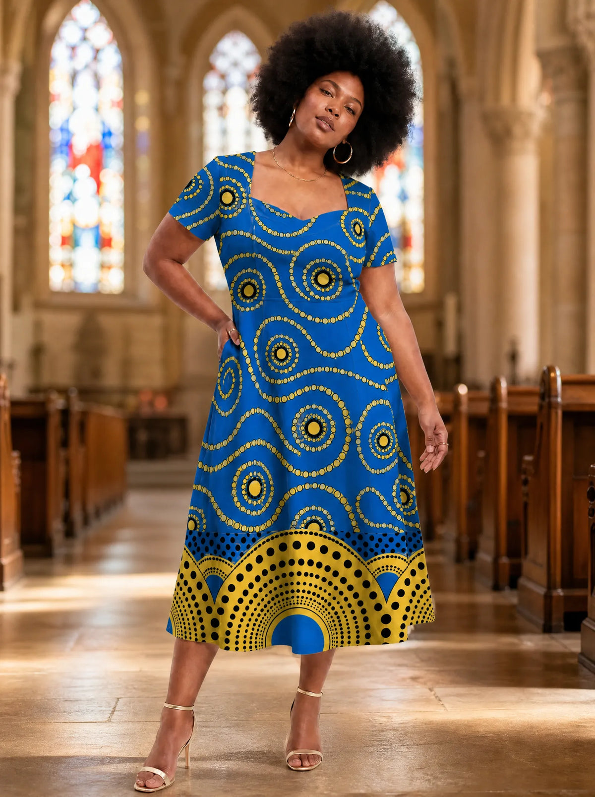"Sitara" Sweetheart Midi Dress — on model inside a church