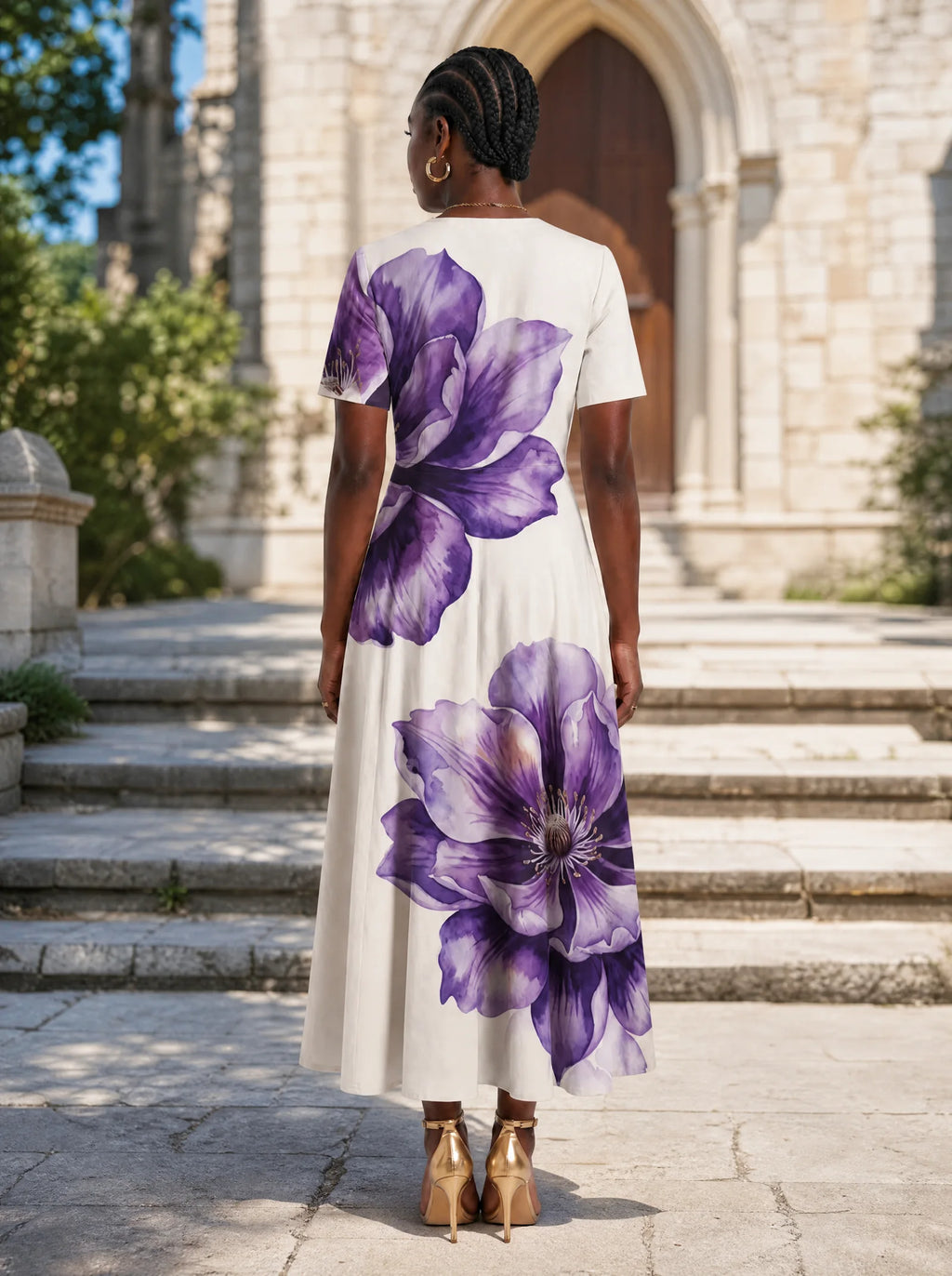 "Sitara" Sweetheart Midi Dress — back view on model in the churchyard