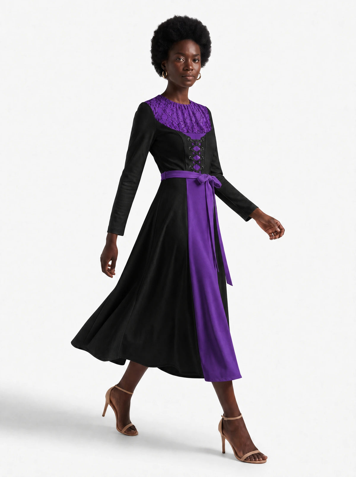 "Sorceress" Long Sleeve Midaxi Dress — walking, three-quarter view on model
