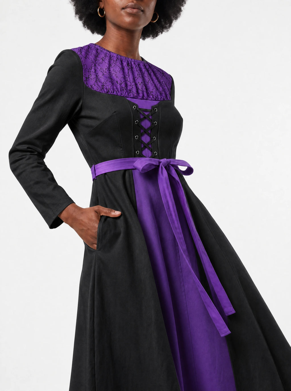 "Sorceress" Long Sleeve Midaxi Dress — standing, angled view on model