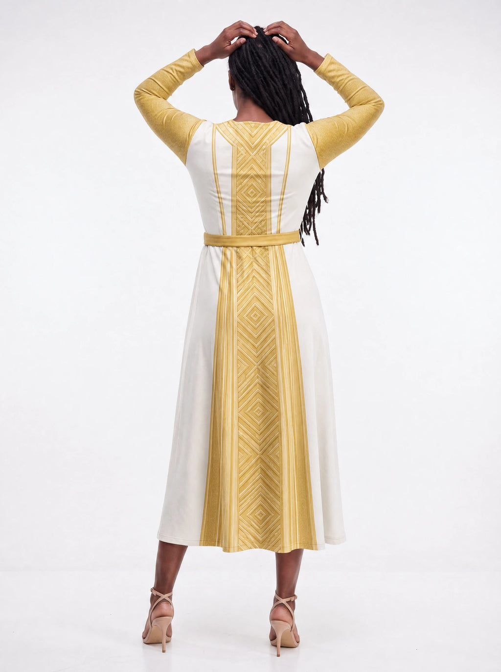 "Sphinx" Long Sleeve Midaxi Dress — back view on model