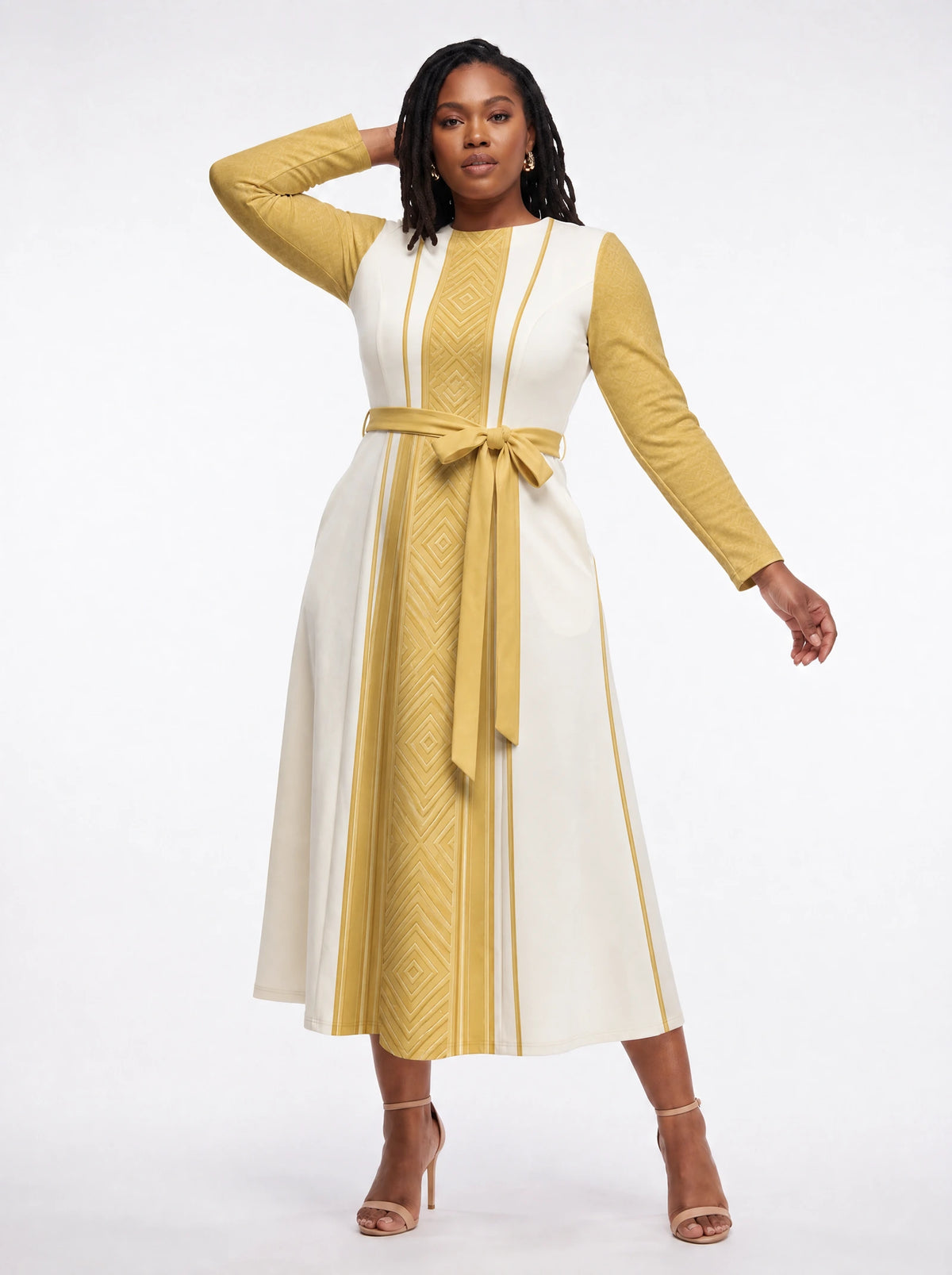 "Sphinx" Long Sleeve Midaxi Dress — walking, three-quarter view on model
