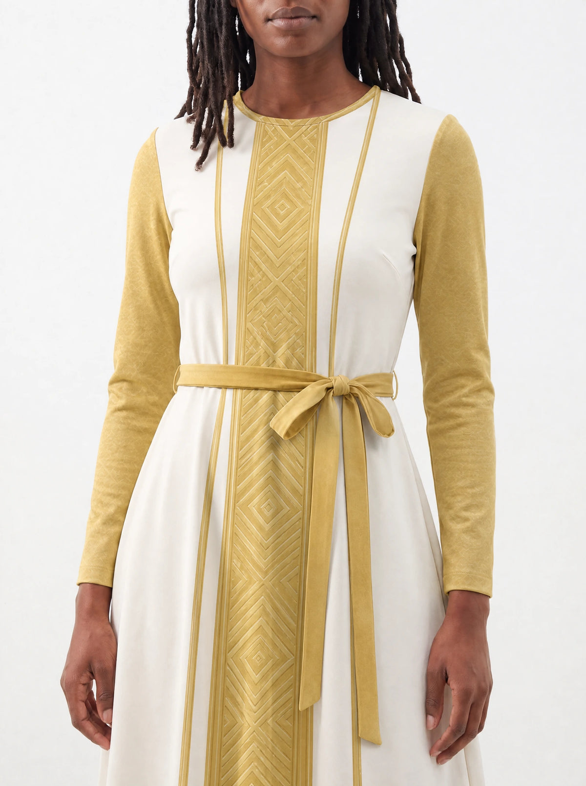 "Sphinx" Long Sleeve Midaxi Dress — standing, angled view on model