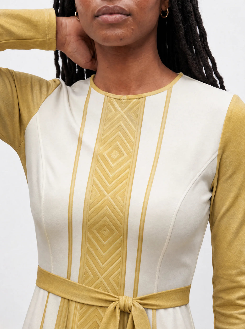 "Sphinx" Long Sleeve Midaxi Dress — three-quarter view on model