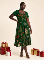 "Sungura" Sweetheart Midi Dress — on model, Christmas backdrop