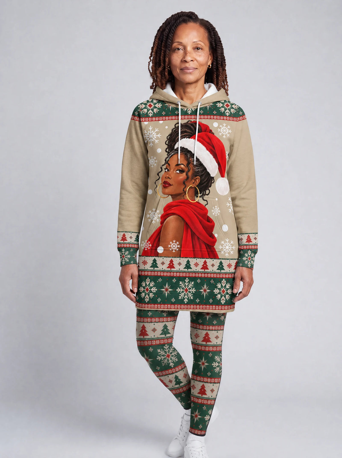 "Sweta" Christmas Hoodie Dress — front view on model, styled with the matching leggings