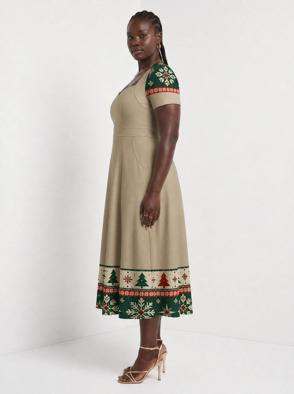 "Sweta" Christmas Sweetheart Midi Dress — side view on model
