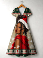 "Sweta" Christmas V Neck Midi Dress Promo