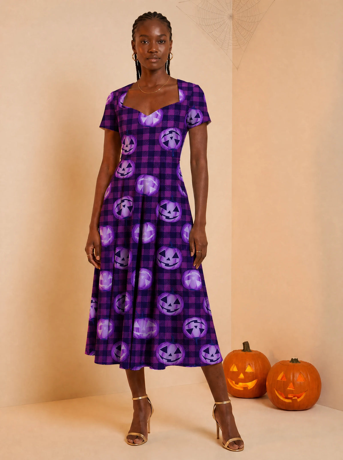 "Tabasamu" Halloween Sweetheart Midi Dress — front view on model