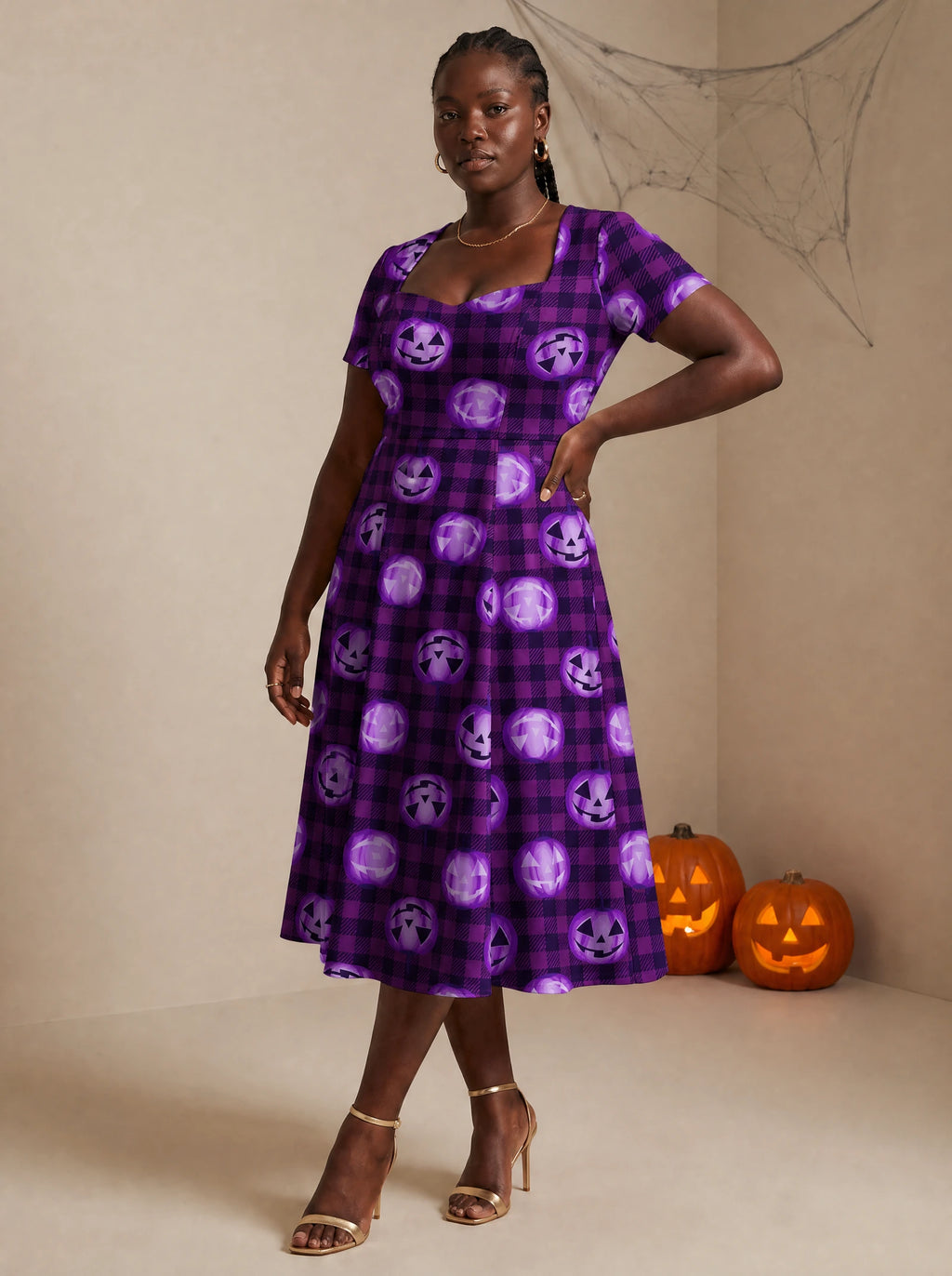 "Tabasamu" Halloween Sweetheart Midi Dress — three-quarter view on model