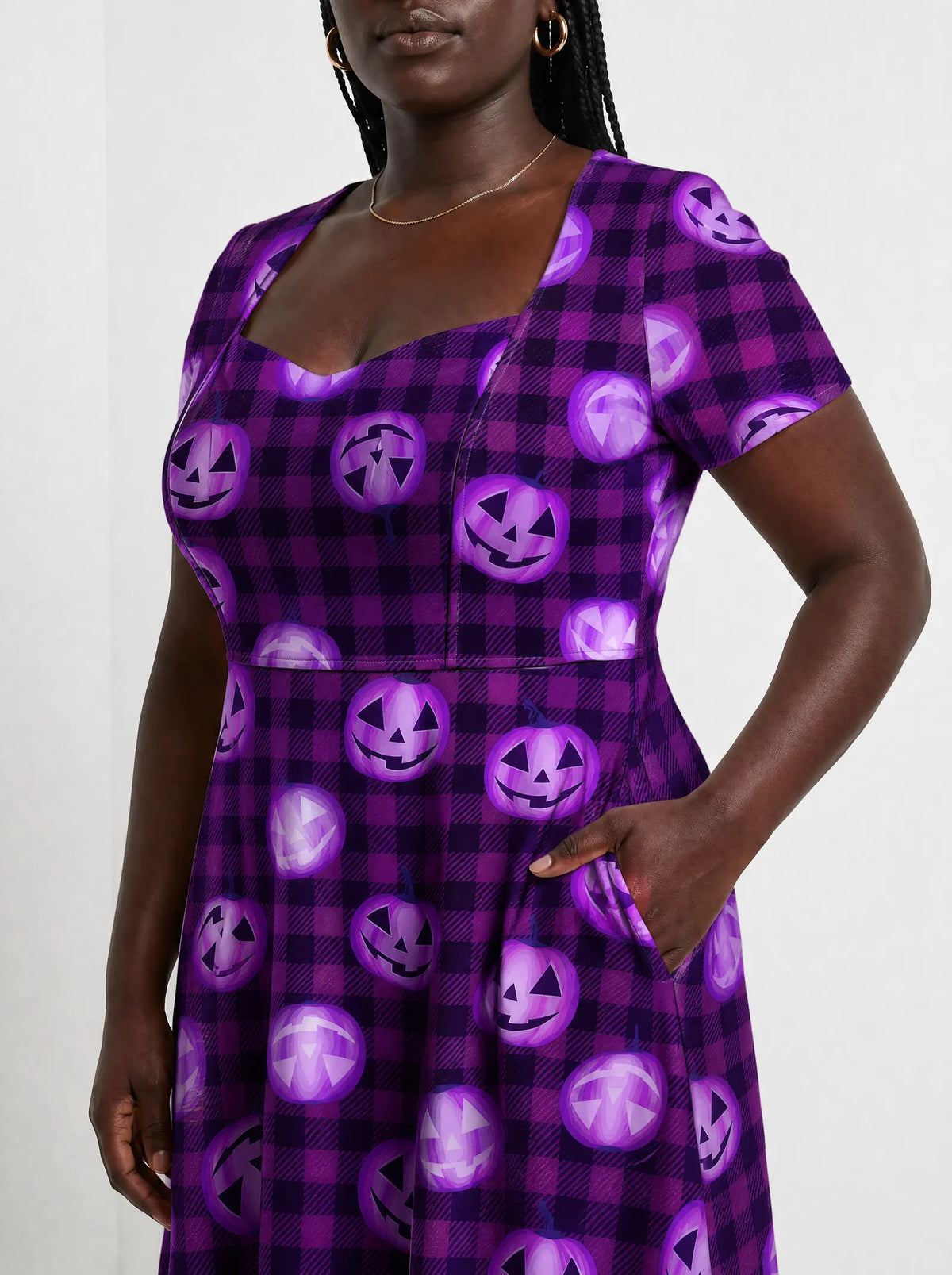 "Tabasamu" Halloween Sweetheart Midi Dress — close-up of the bodice and the in-seam side pocket