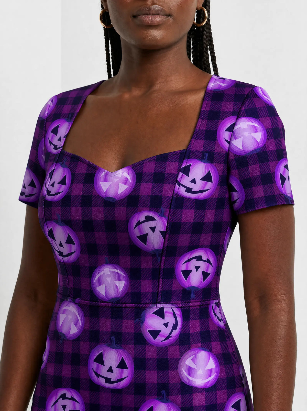 "Tabasamu" Halloween Sweetheart Midi Dress — close-up of the sweetheart neckline and short sleeve
