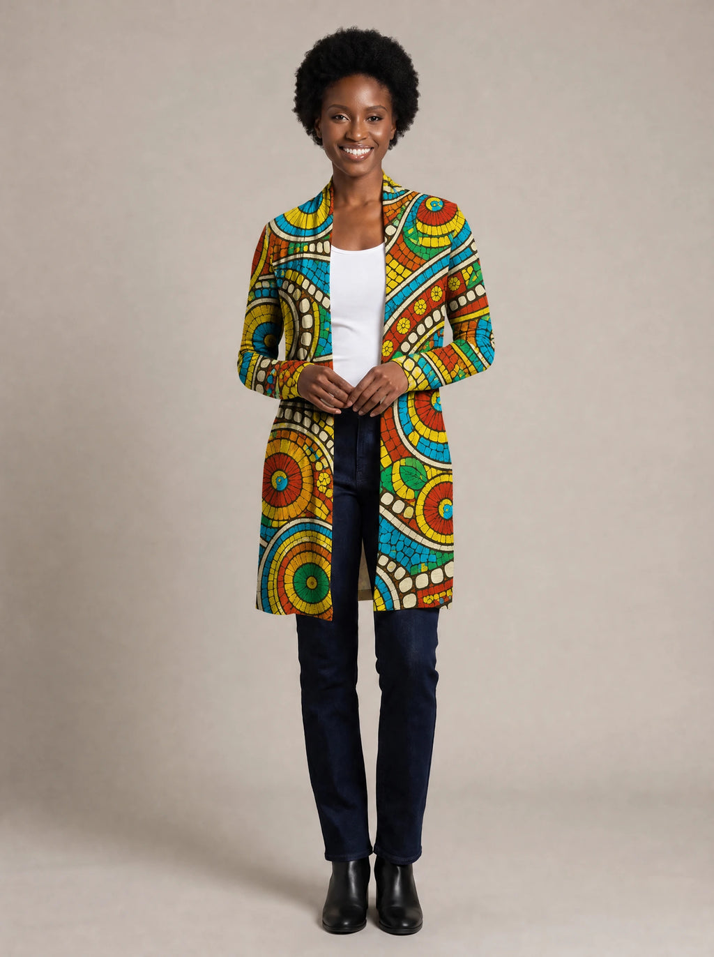 "Taji" Long Cardigan — front view on model