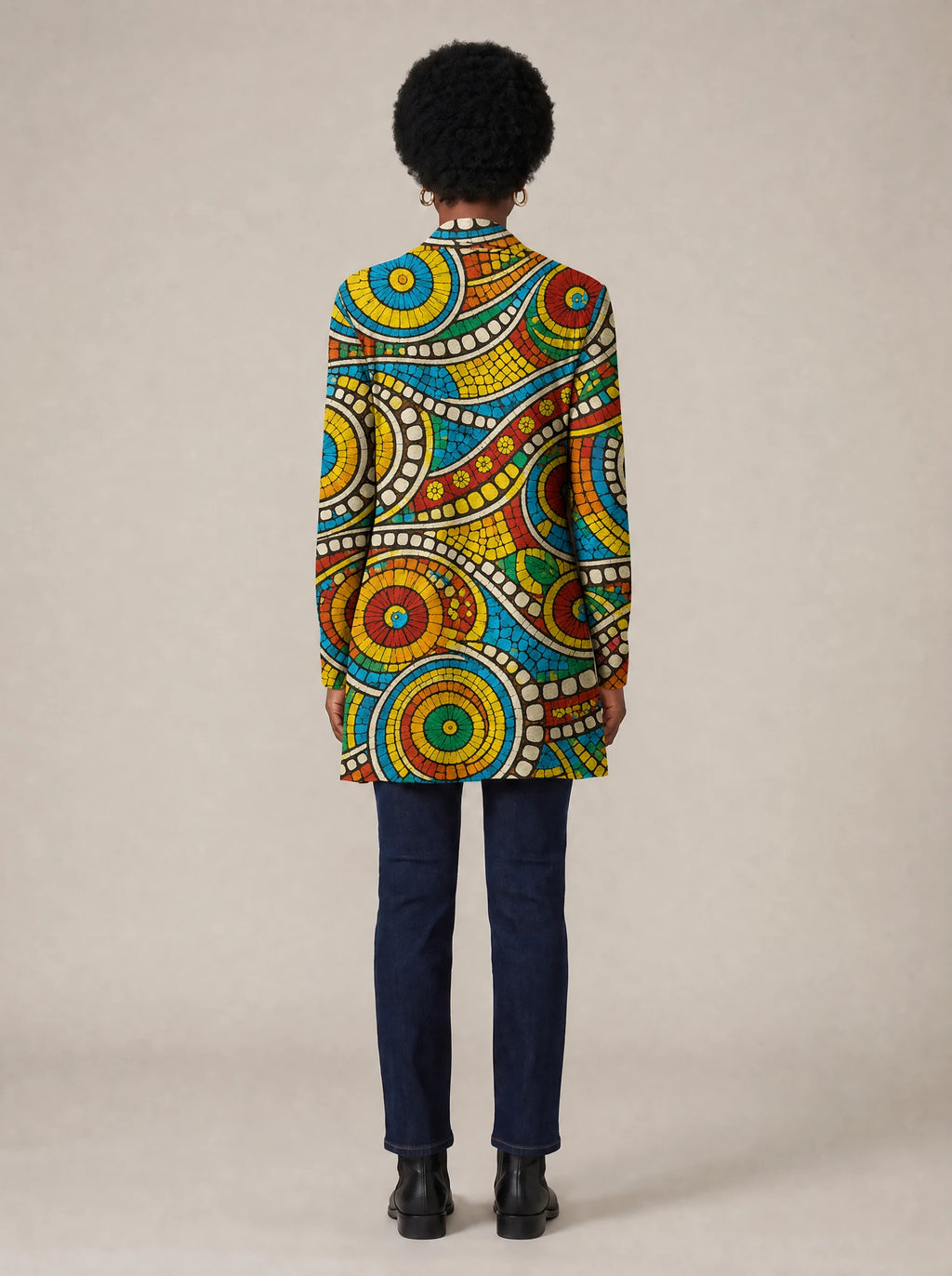 "Taji" Long Cardigan — back view on model