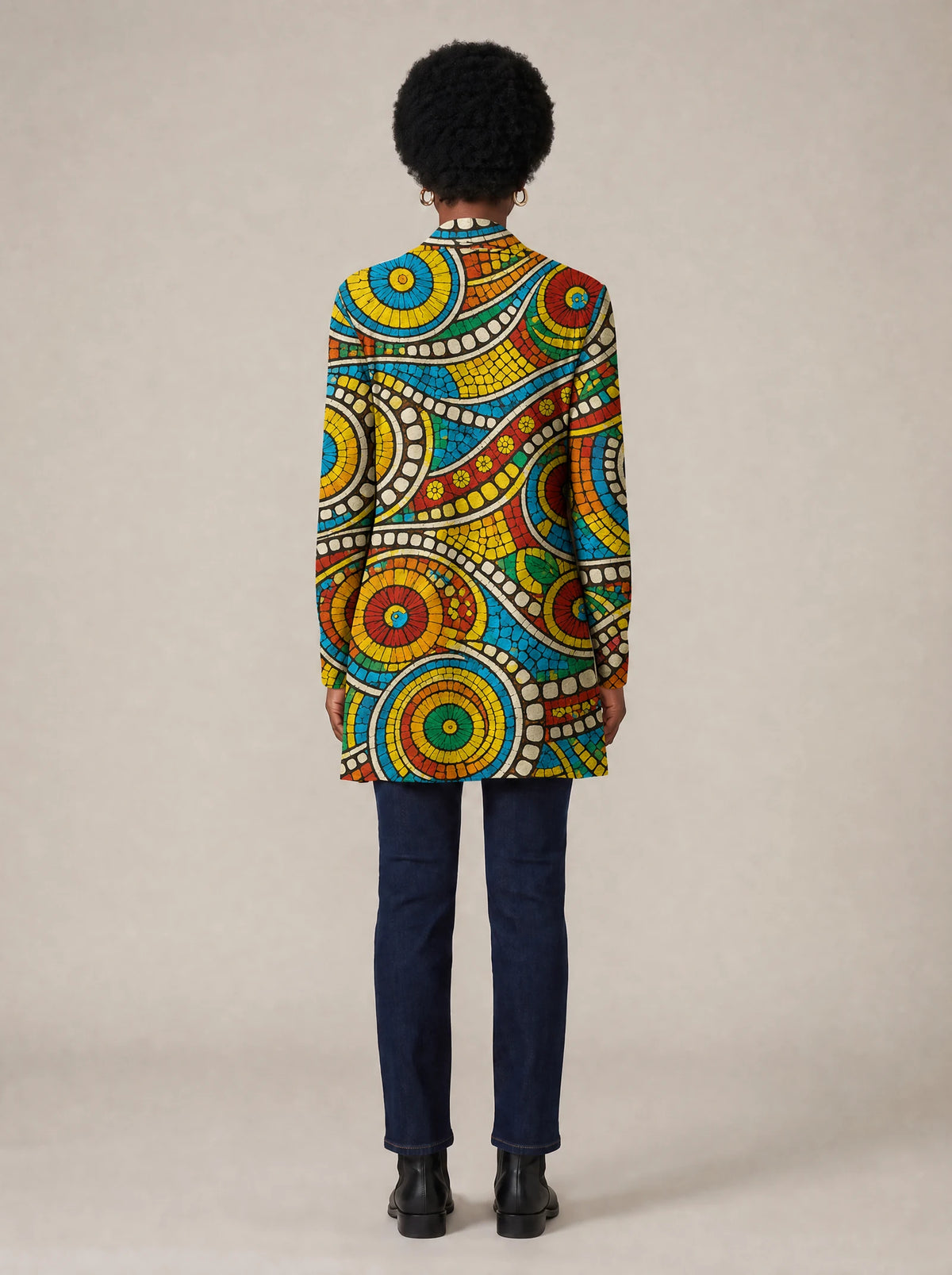 "Taji" Long Cardigan — back view on model