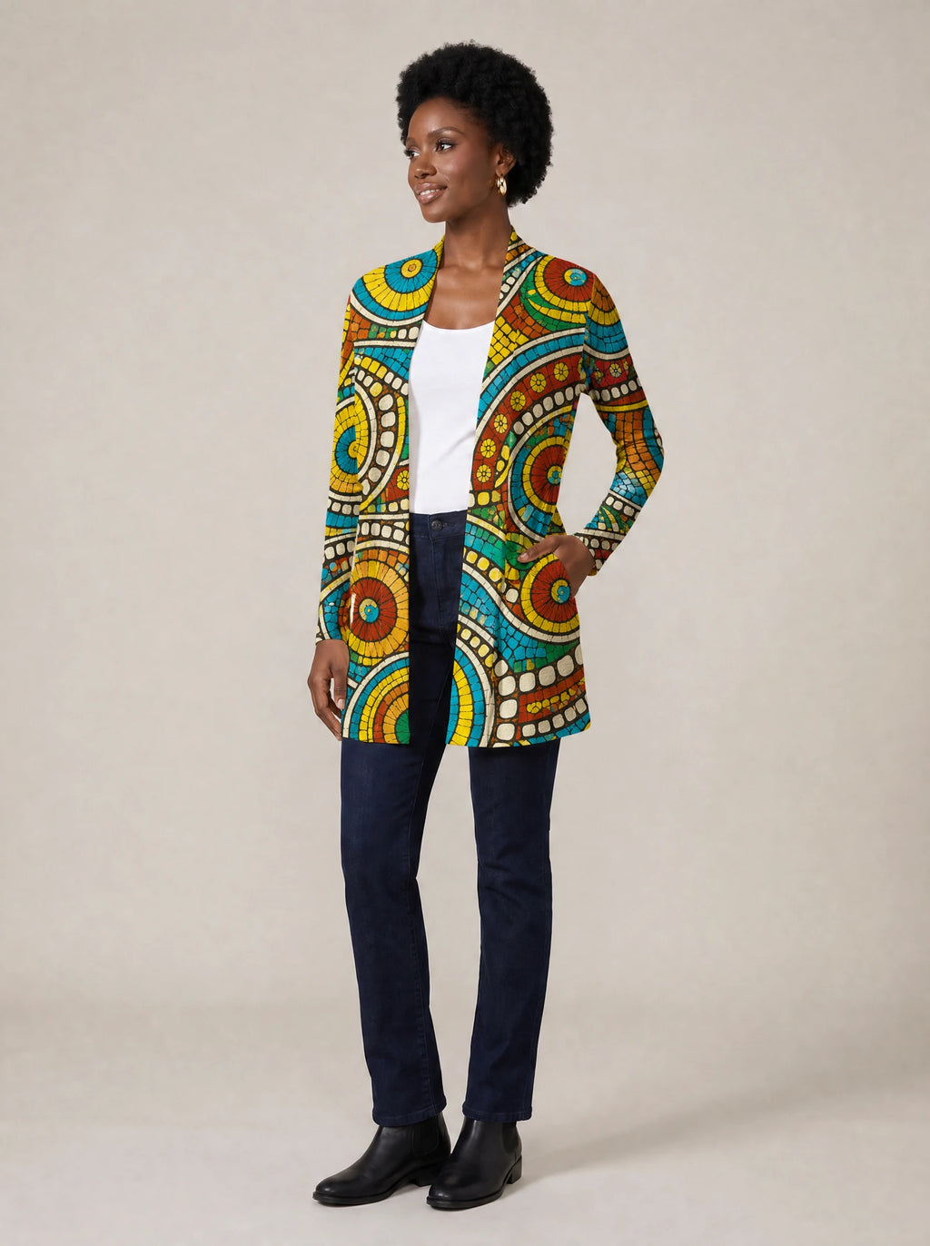 "Taji" Long Cardigan — side view on model, hand in pocket