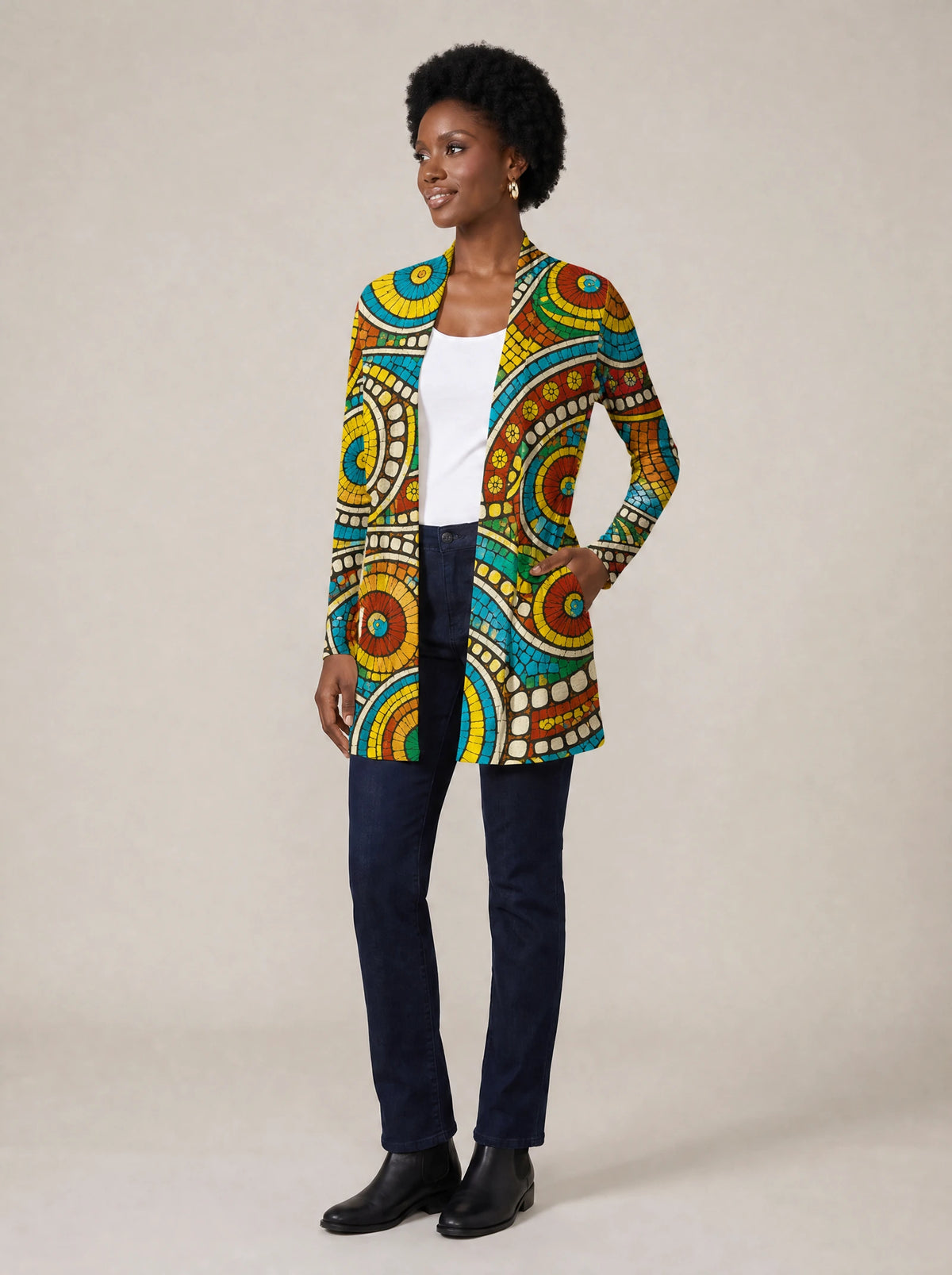 "Taji" Long Cardigan — side view on model, hand in pocket