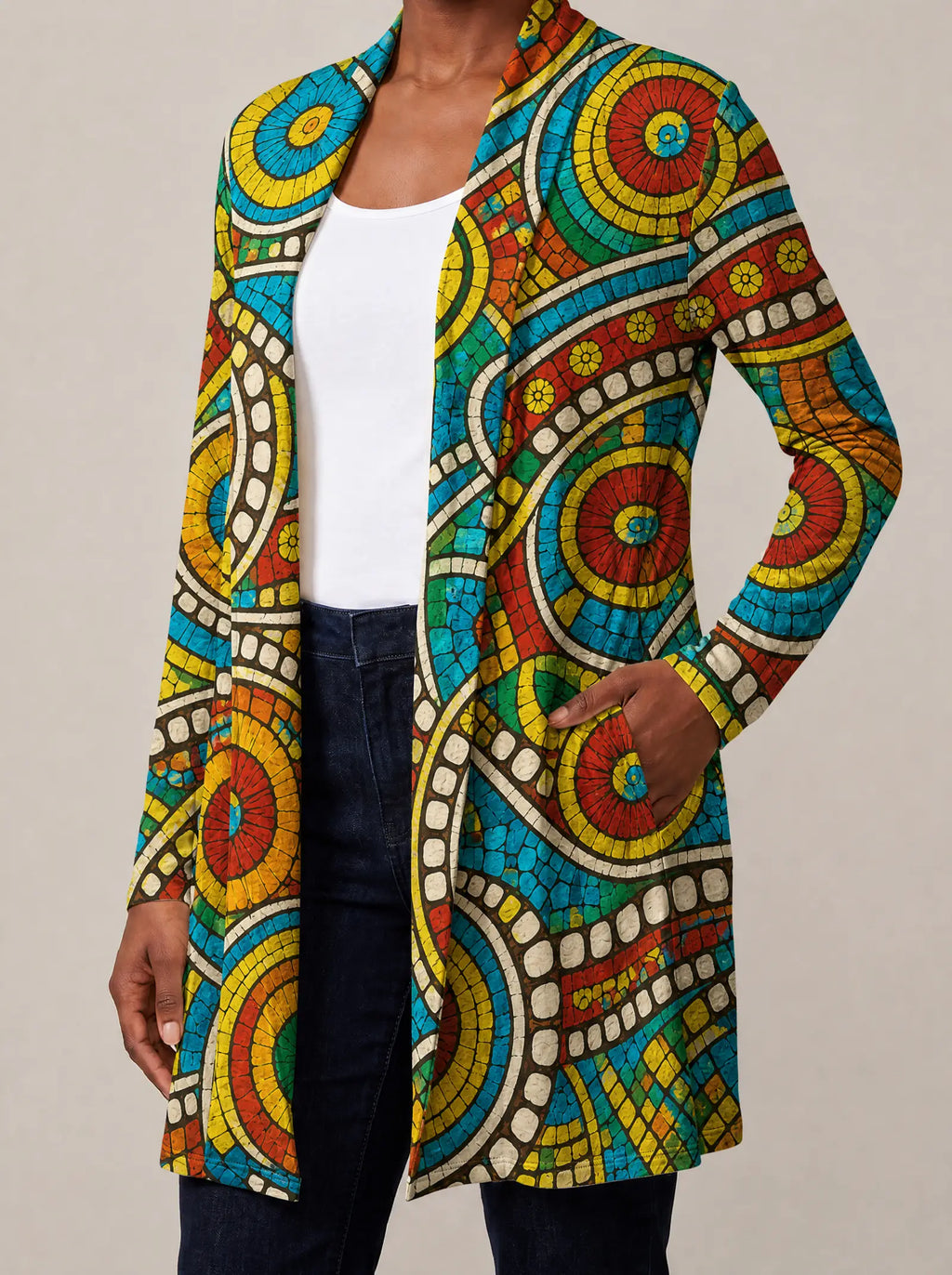"Taji" Long Cardigan — close-up of the hidden pocket