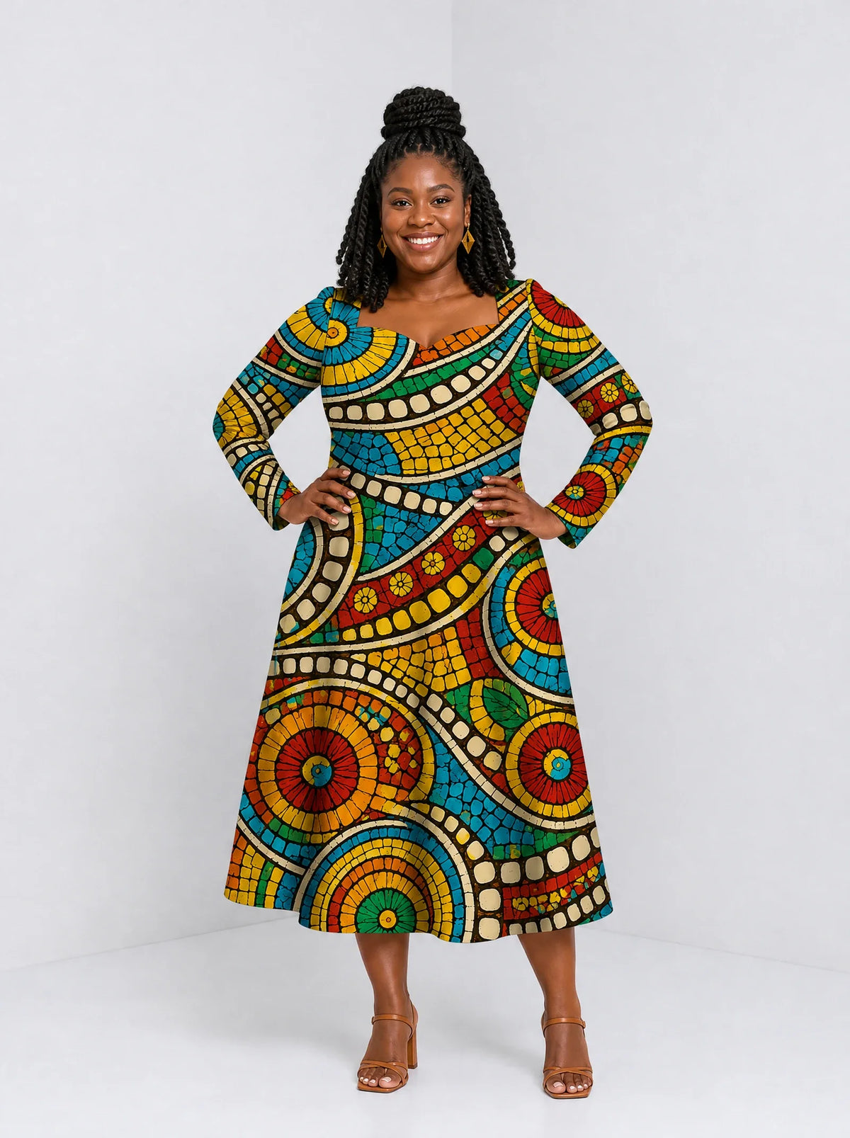 "Taji" Long Sleeve Sweetheart Midi Dress — front view on model