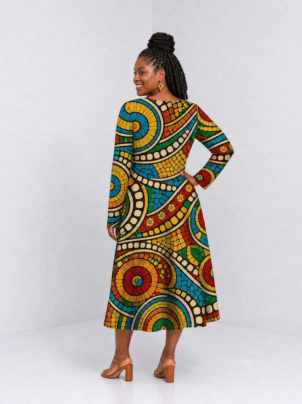 "Taji" Long Sleeve Sweetheart Midi Dress — back view on model