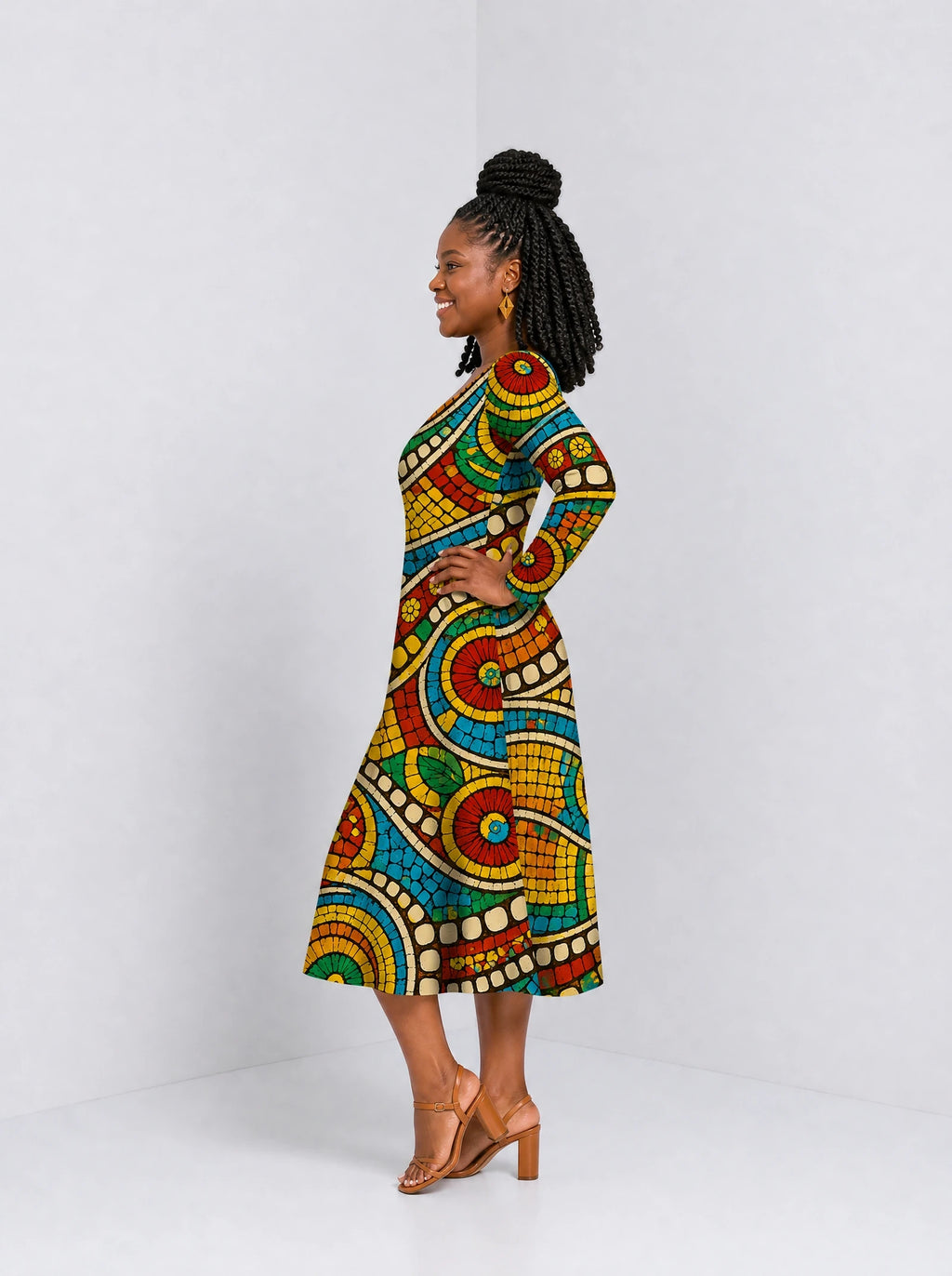 "Taji" Long Sleeve Sweetheart Midi Dress — side view on model