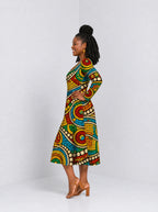 "Taji" Long Sleeve Sweetheart Midi Dress — side view on model