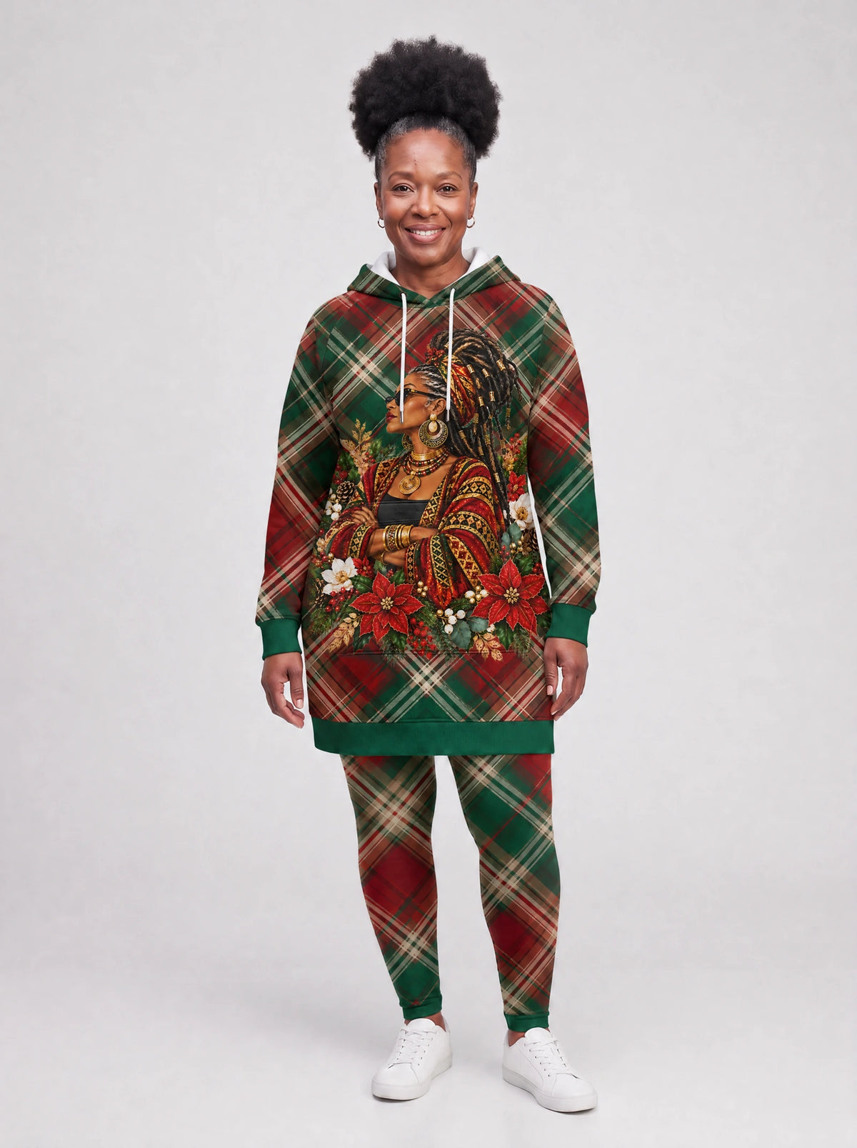 "Tamasha" Christmas Hoodie Dress — front view on model, styled with the matching leggings