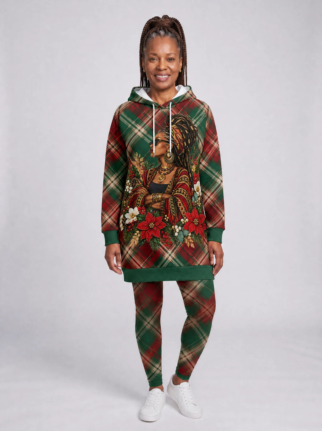"Tamasha" Christmas Leggings — full length on model, styled with the matching hoodie dress