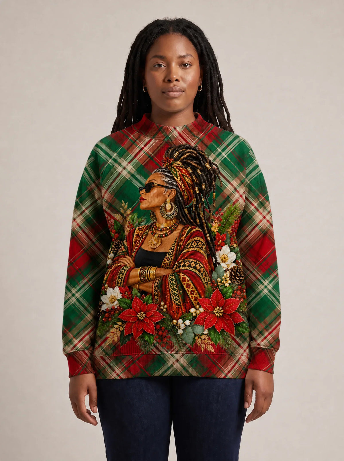"Tamasha" Christmas Sweatshirt — front view on model