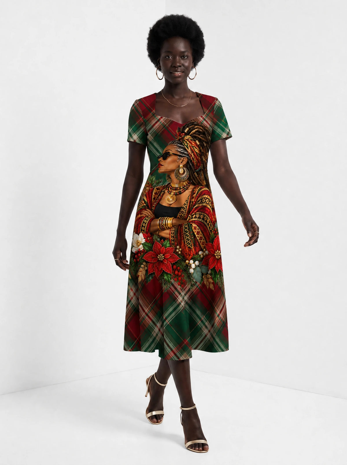 "Tamasha" Christmas Sweetheart Midi Dress — front view on model