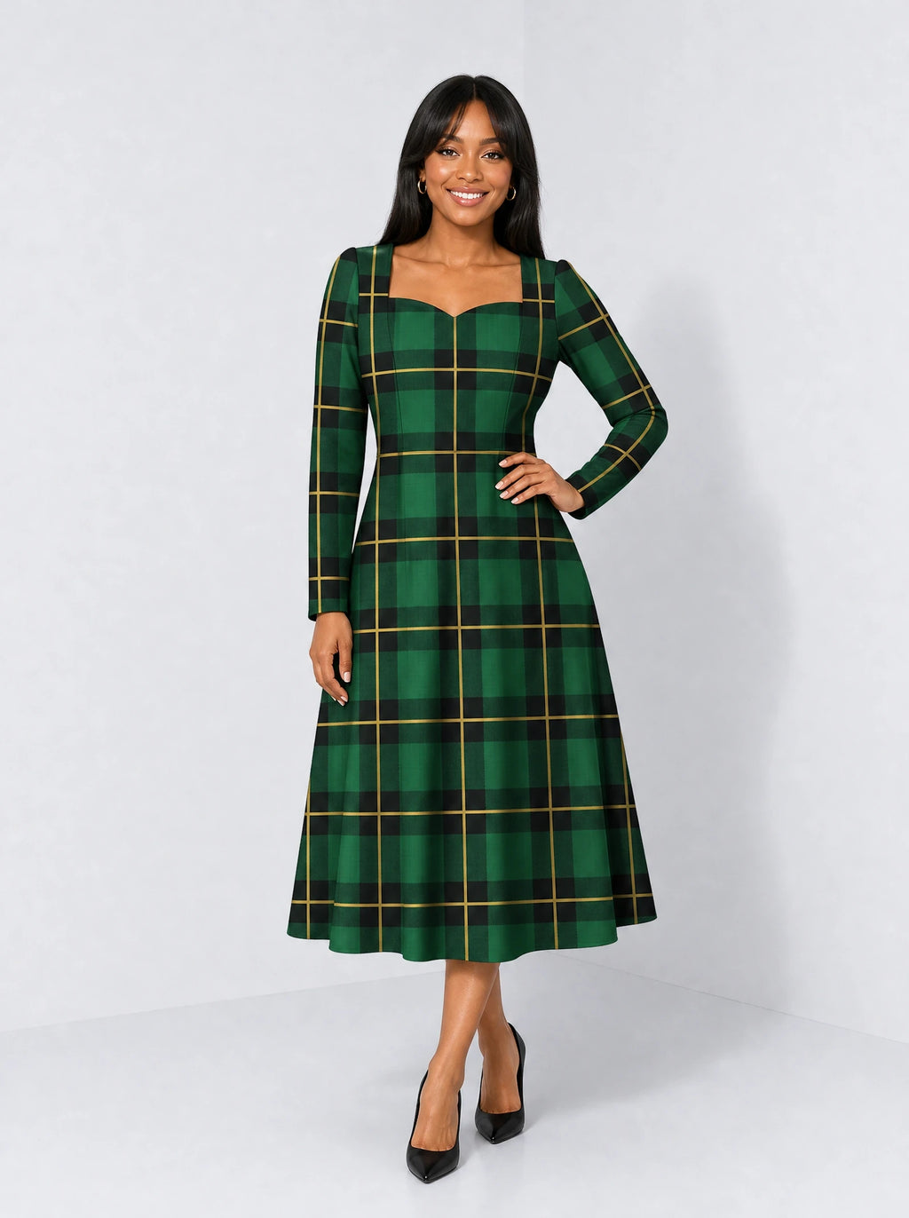 "Tandiko" Long Sleeve Sweetheart Midi Dress — front view on model