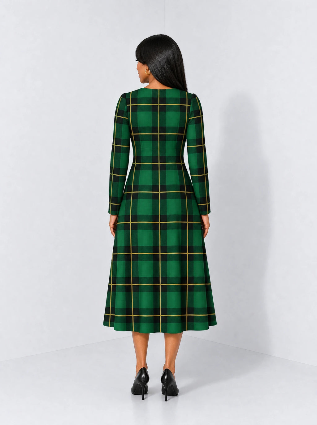 "Tandiko" Long Sleeve Sweetheart Midi Dress — back view on model