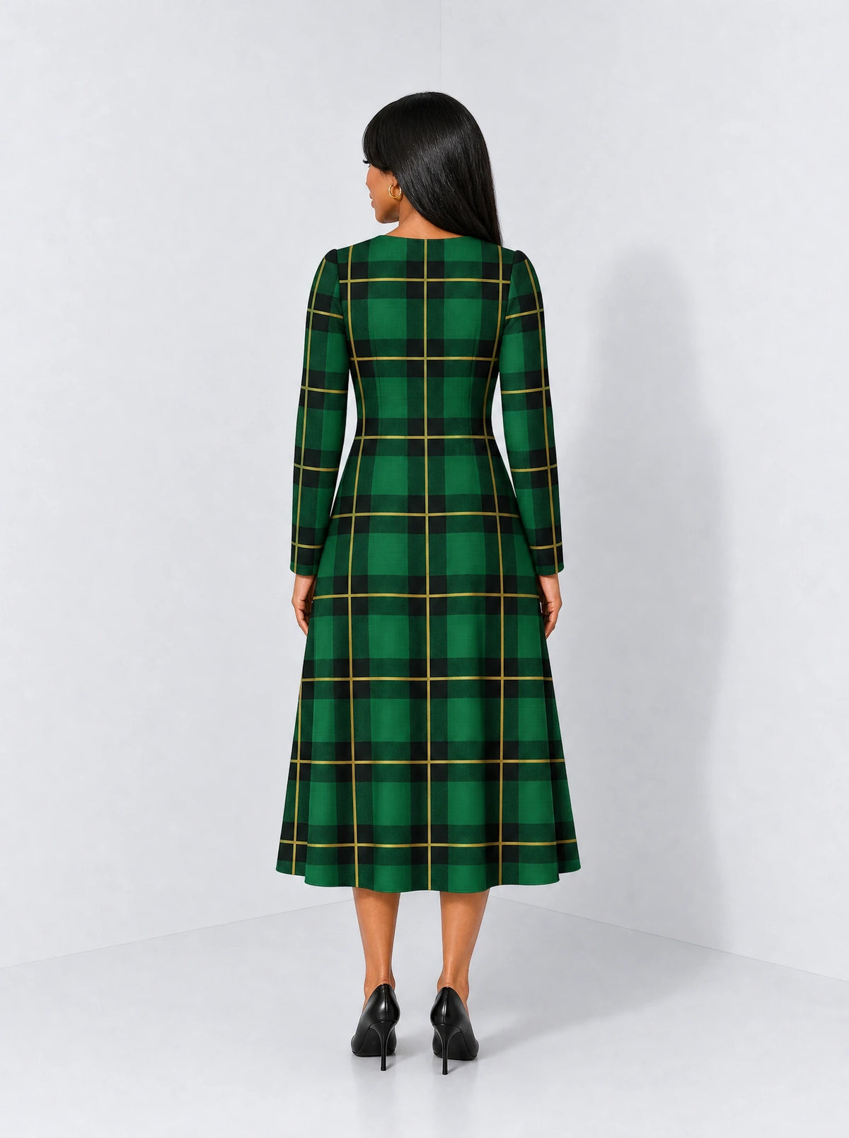 "Tandiko" Long Sleeve Sweetheart Midi Dress — back view on model