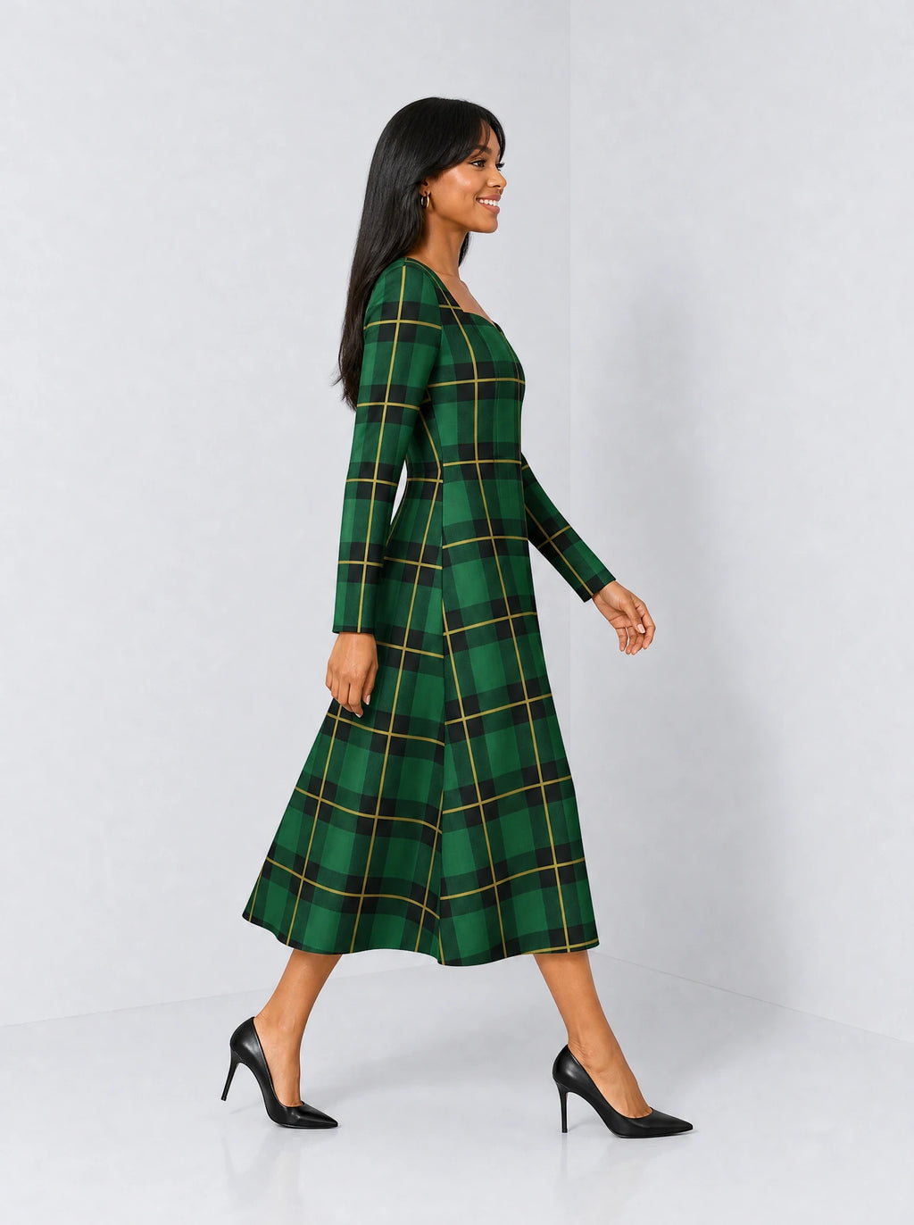 "Tandiko" Long Sleeve Sweetheart Midi Dress — side view on model