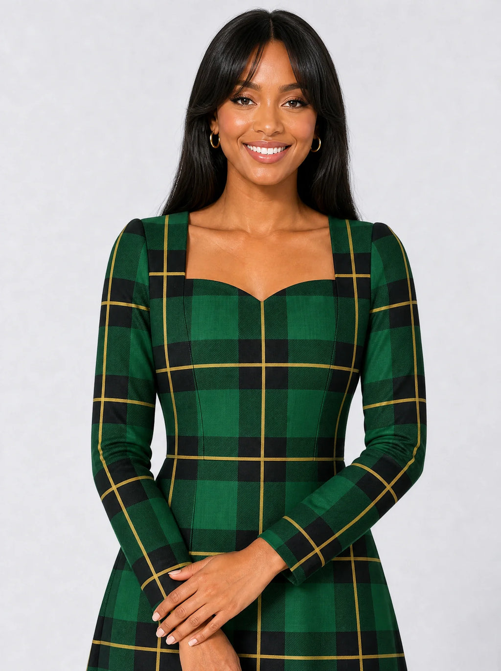 "Tandiko" Long Sleeve Sweetheart Midi Dress — print close-up on model