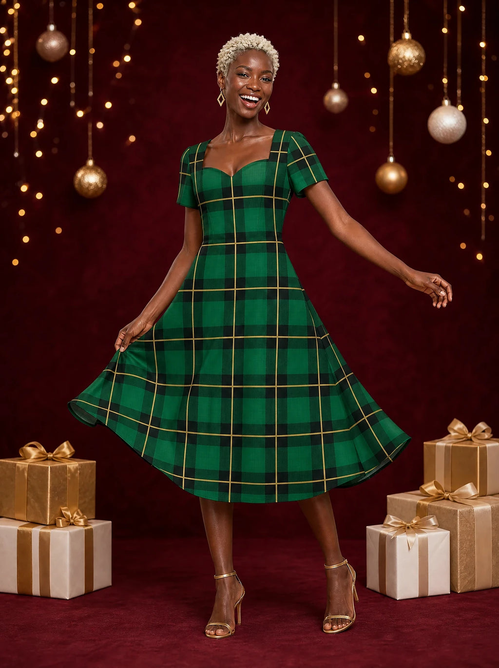 "Tandiko" Sweetheart Midi Dress — on model, Christmas backdrop