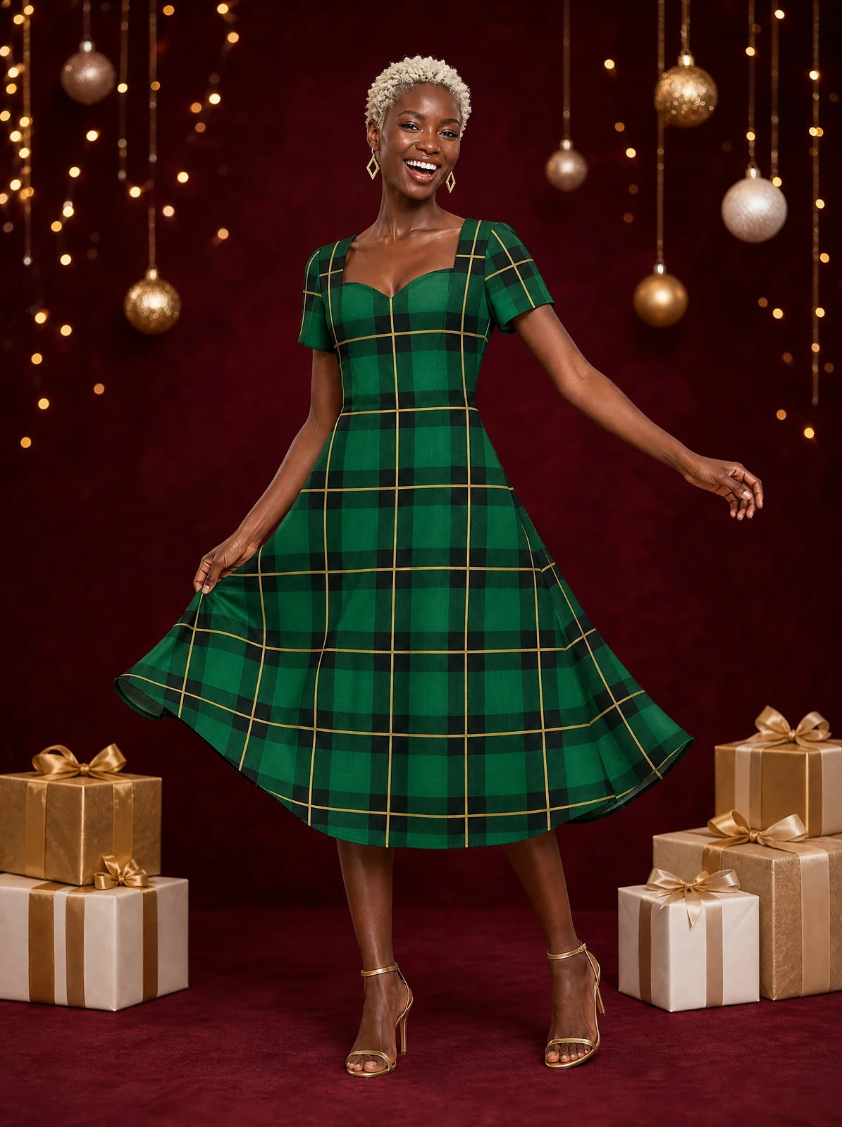"Tandiko" Sweetheart Midi Dress — on model, Christmas backdrop