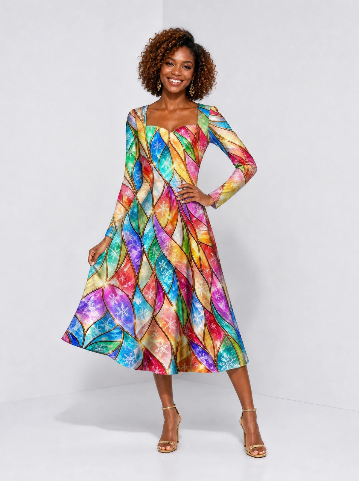 "Taswira" Long Sleeve Sweetheart Midi Dress — front view on model