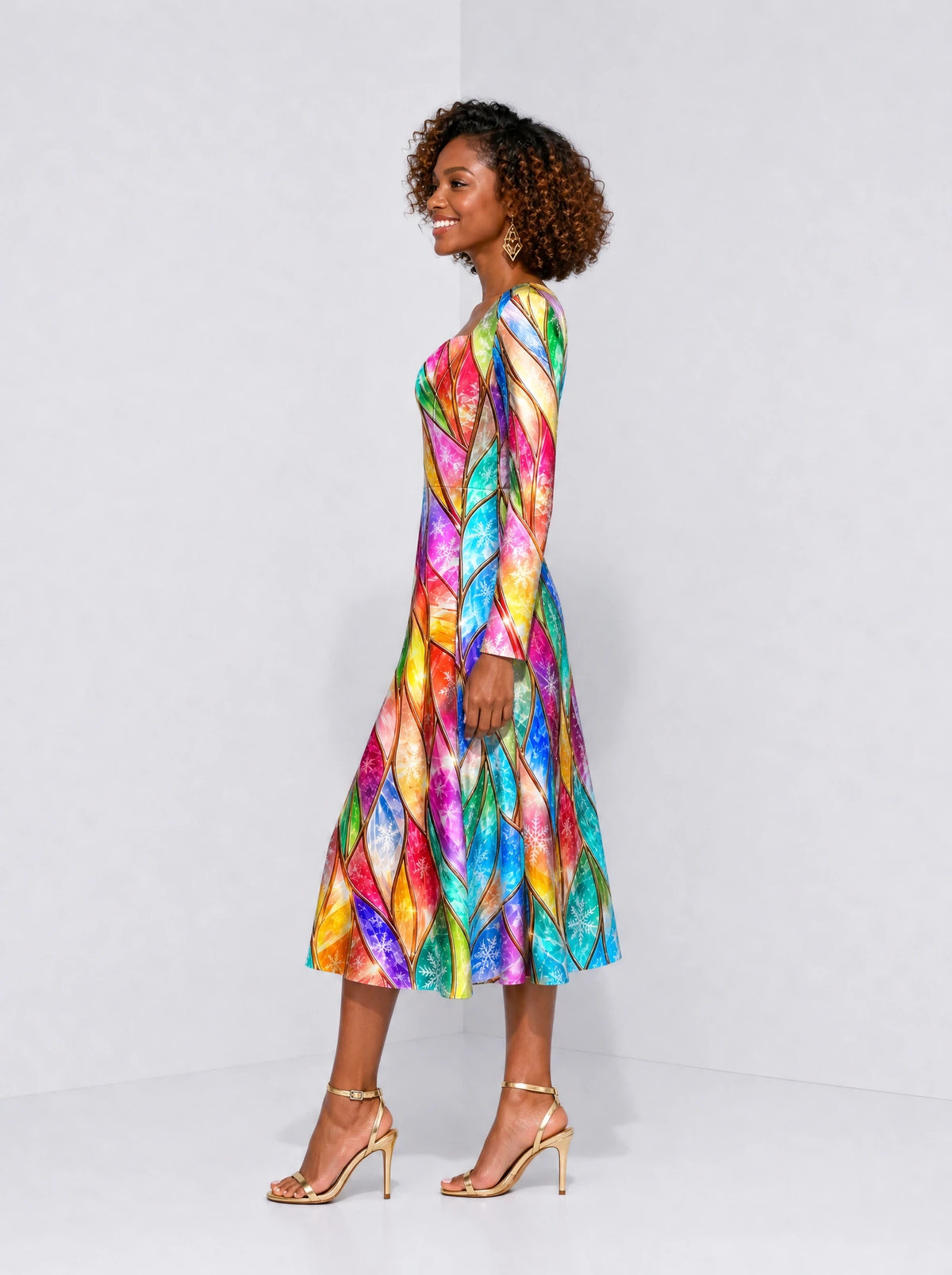 "Taswira" Long Sleeve Sweetheart Midi Dress — side view on model